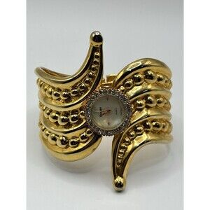 Cassant Quartz Women’s Gold Tone Cuff Bracelet Watch Rhinestone Bezel Japan Movt